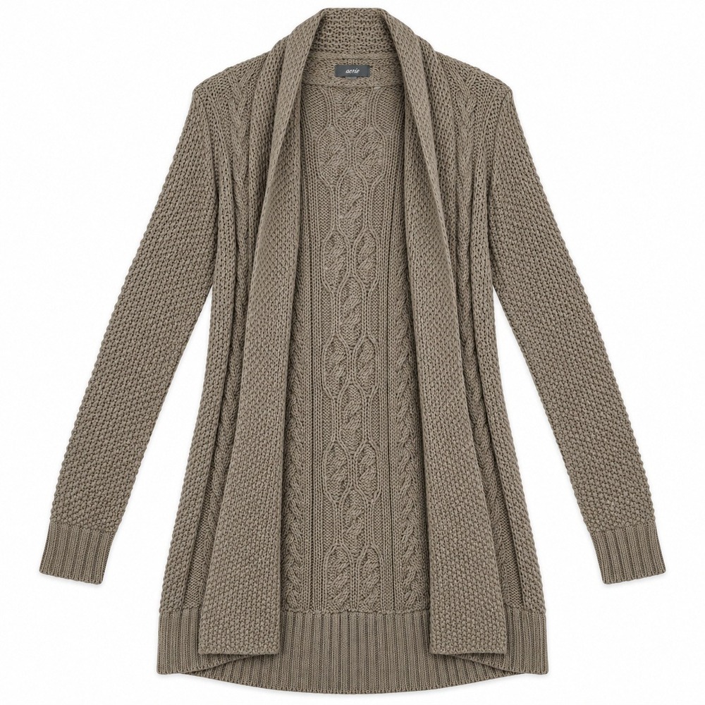 Aerie Cable Knit Open Front Cardigan Women XS Taupe Brown Longline Shawl Sweater